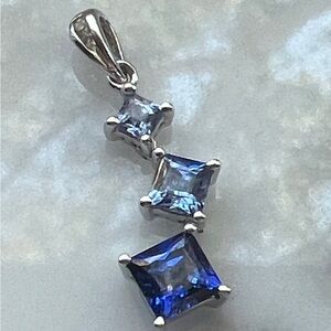 Estate 10K White Gold LGL Pendant Princess Cut Blue Tanzanite & Natural Diamond